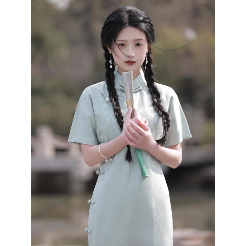 Elegant Satin Short Sleeve Cheongsam - Female Hanfu