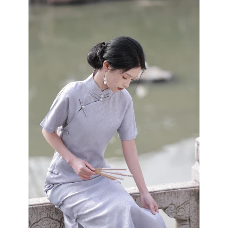 Elegant Satin Short Sleeve Cheongsam - Female Hanfu