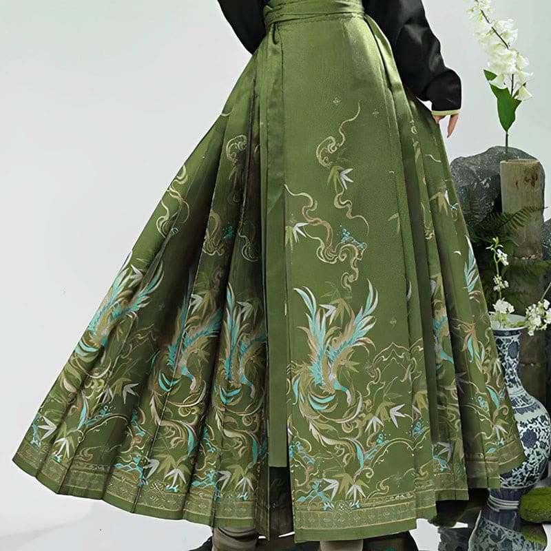 Elegant Shirt High Waist Print Pleated Skirt - Green Skirt