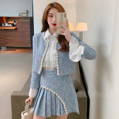 Elegant Slim Coat Skirt Shirt Three-piece Suit Tweed Sets