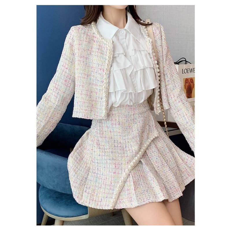 Elegant Slim Coat Skirt Shirt Three-piece Suit Tweed Sets