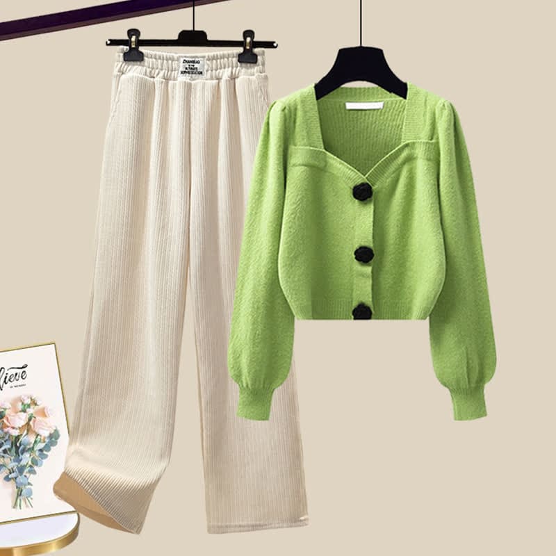 Elegant Sqaure Collar Knit Sweater Plush Casual Pants - Set