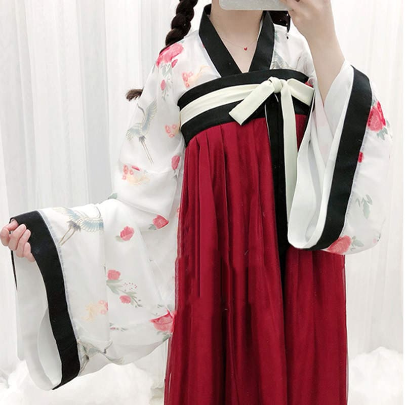 Elegant V-Neck Floral Print Top Skirt Kimono Set - Black