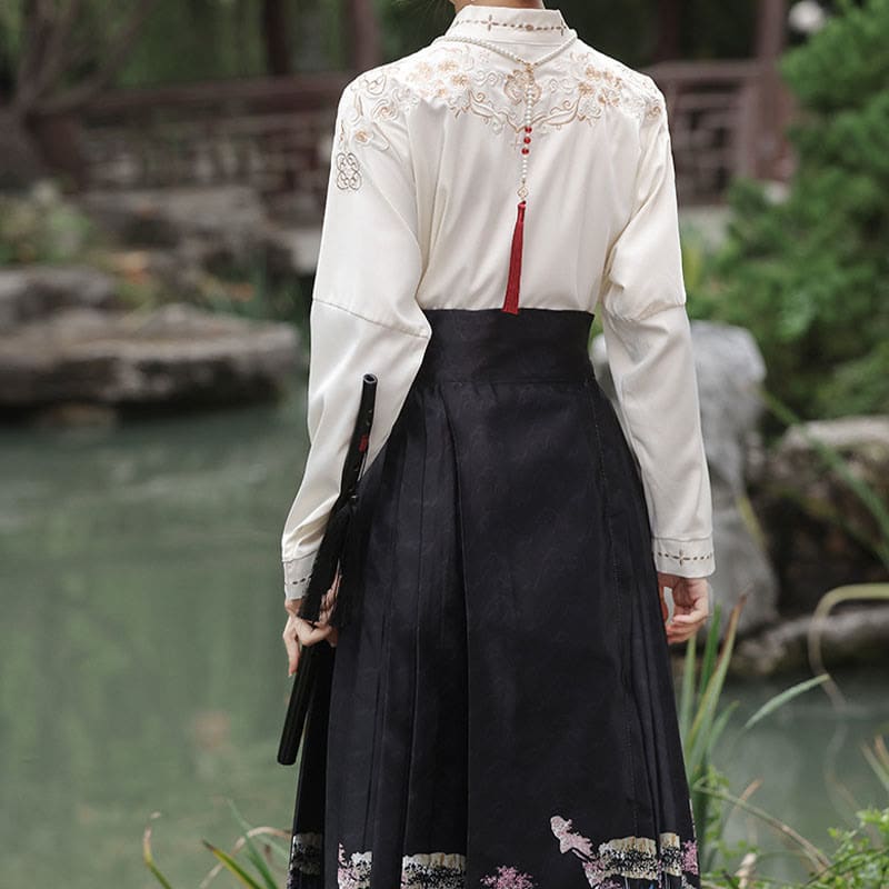 Elegant V-neck Long Sleeve Shirt Vintage Print Pleated Skirt