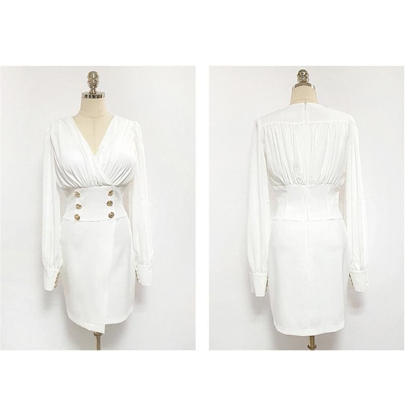 Elegant V-Neck Slim Dress - White / S