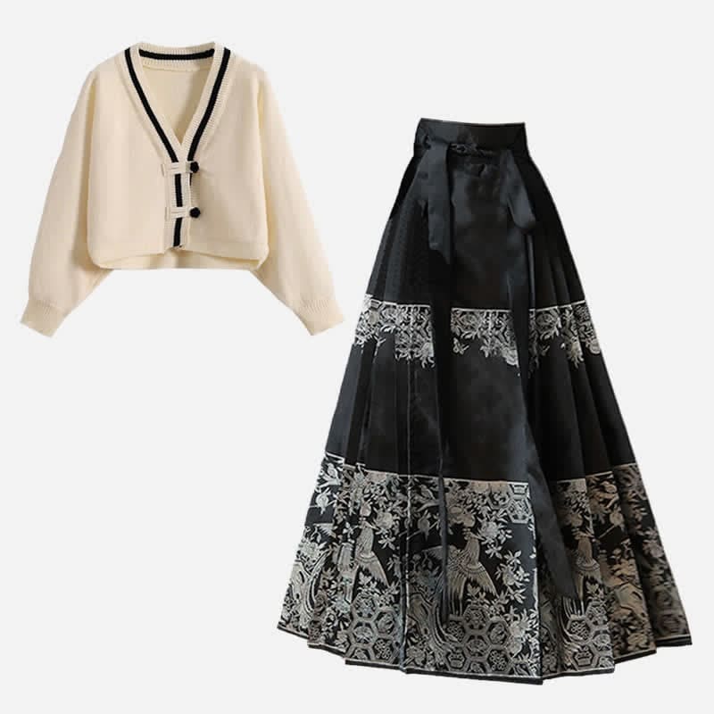 Elegant Vintage Buckle Cardigan Sweater Pleated Skirt - Set