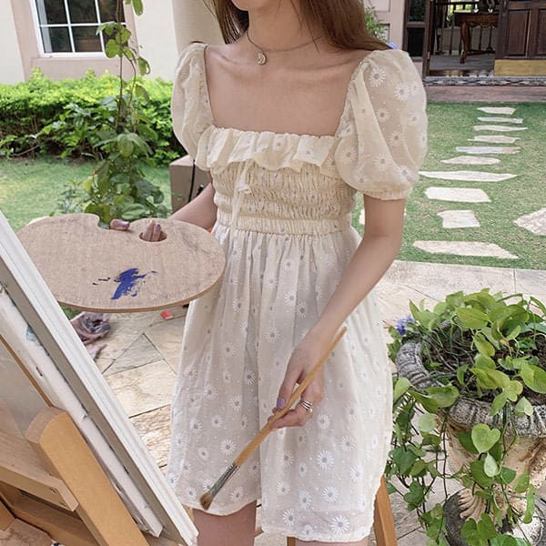 Elegant White Daisy Mini Dress - Dresses