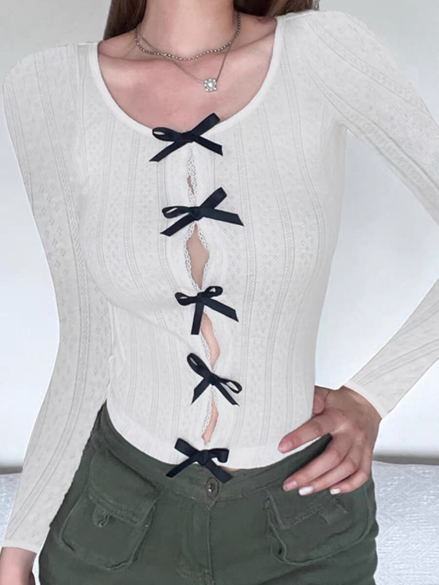 Elegant White with Black Bows Top - long sleeve tops