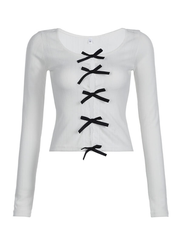 Elegant White with Black Bows Top - long sleeve tops
