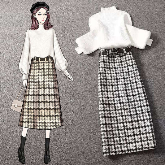 Elegant White/Yellow Sweater and Plaid Wool A-line Skirt