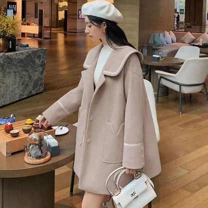 Elegant Wool Blends Big Pocket Solid Sailor Collar Coat