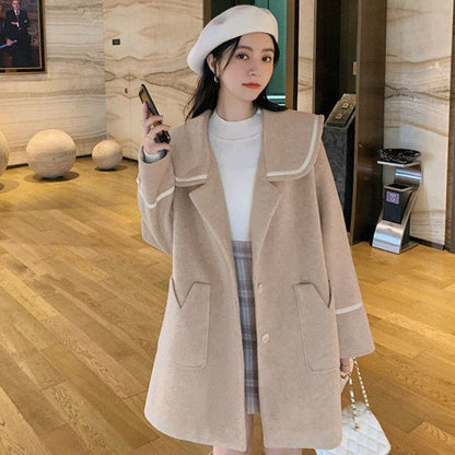 Elegant Wool Blends Big Pocket Solid Sailor Collar Coat