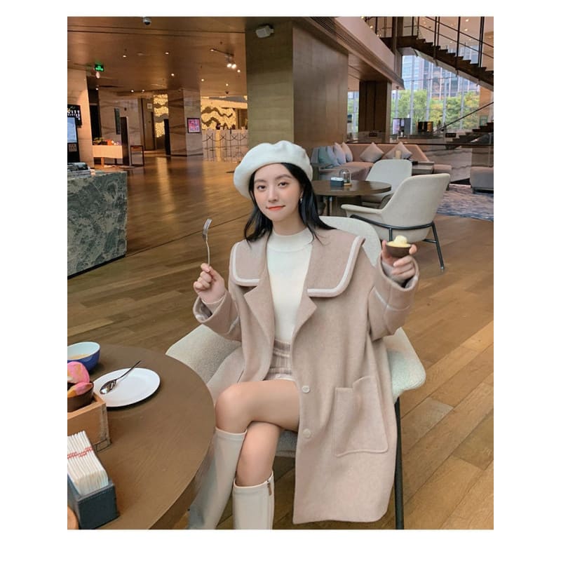 Elegant Wool Blends Big Pocket Solid Sailor Collar Coat