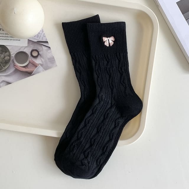 Embroidered Bow Crew Socks - Black / One Size