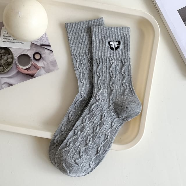 Embroidered Bow Crew Socks - Gray & Black / One Size