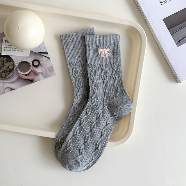 Embroidered Bow Crew Socks - Gray & Pink / One Size