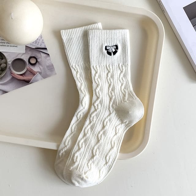 Embroidered Bow Crew Socks - White & Black / One Size