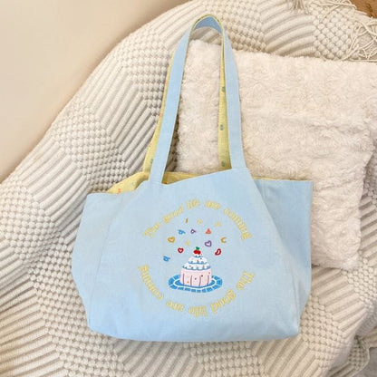 Embroidered Canvas Tote Bag - Cake - Blue / One Size