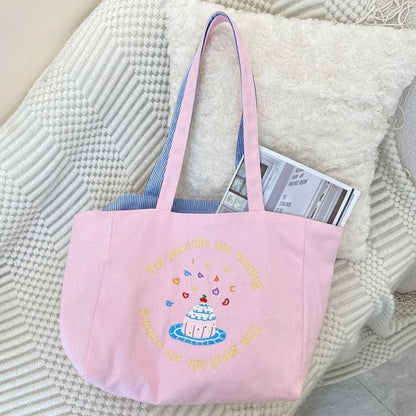 Embroidered Canvas Tote Bag - Cake - Pink / One Size