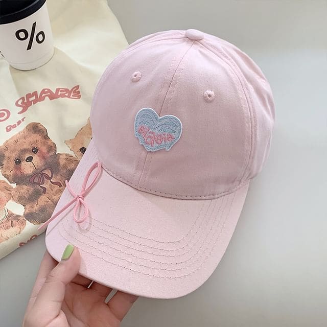 Embroidered Heart Baseball Cap - Heart - Pink / One Size