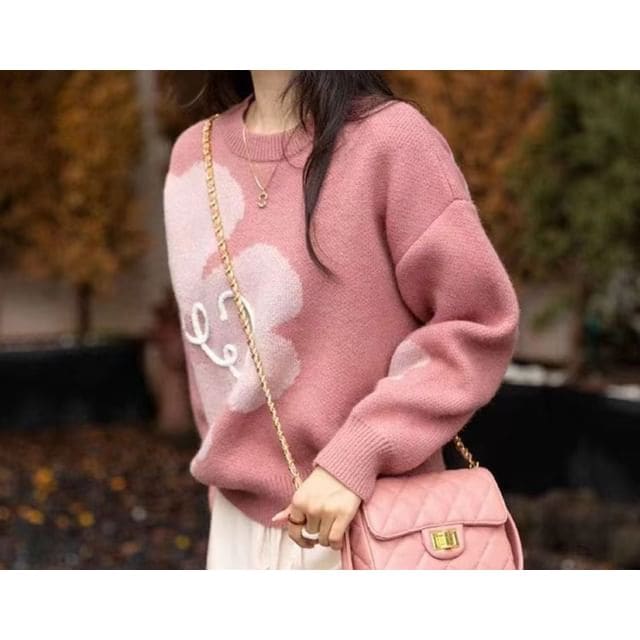 Embroidered Loose Sweater - Pink / One Size