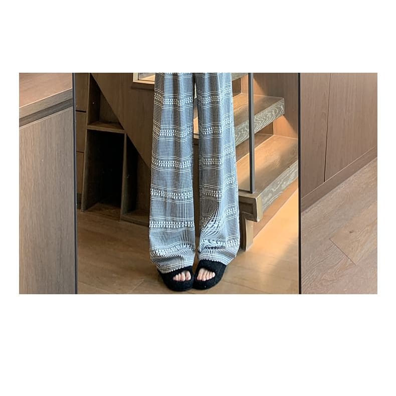 Embroidered Plaid High Waist Wide Leg Drape Pants