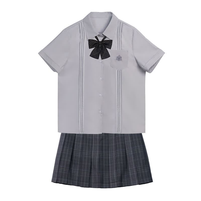 Embroidered Pocket Bow Tie Polo T-Shirt Plaid Pleated Skirt