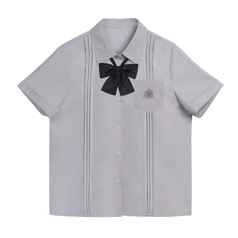 Embroidered Pocket Bow Tie Polo T-Shirt Plaid Pleated Skirt