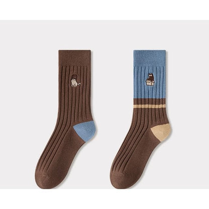 Embroidered Ribbed Short Socks Set - Set of 2 Pairs - 03 &