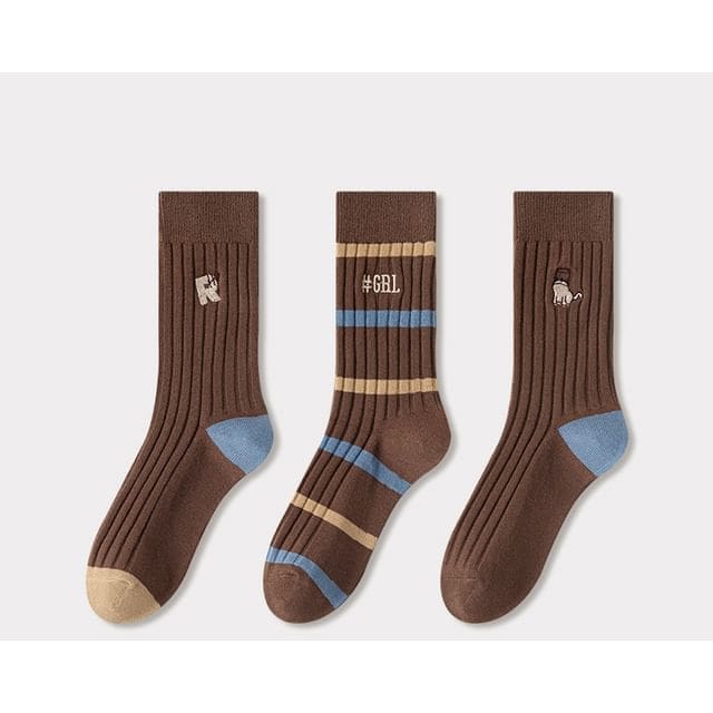 Embroidered Ribbed Short Socks Set - Set of 3 Pairs - 01 &