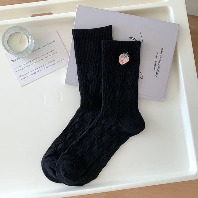 Embroidered Ribbed Socks - Women - Strawberry - Black