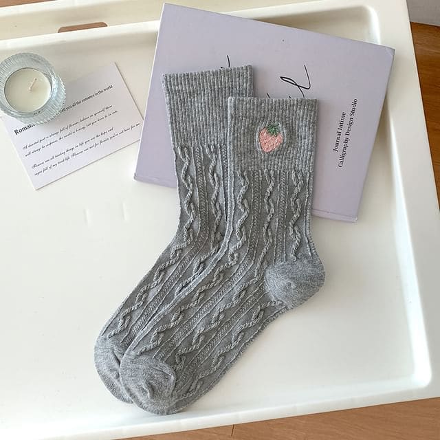 Embroidered Ribbed Socks - Women - Strawberry - Gray