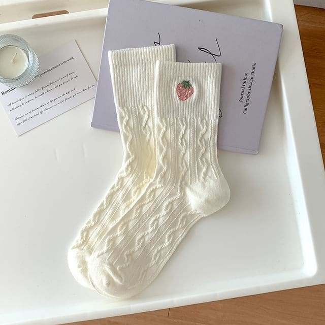 Embroidered Ribbed Socks - Women - Strawberry - White