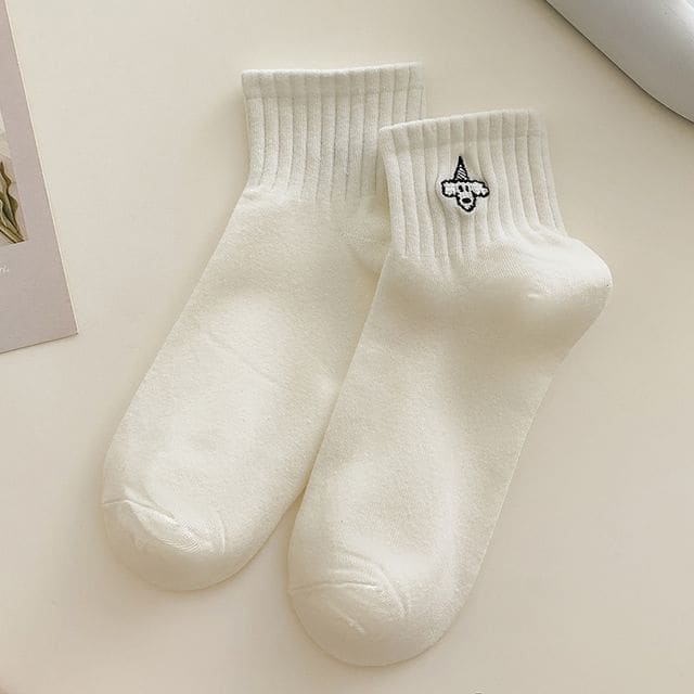 Embroidered Short Socks Set - 3 Pairs - Dog - White