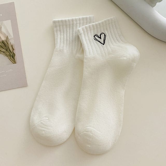 Embroidered Short Socks Set - 3 Pairs - Love Heart - White