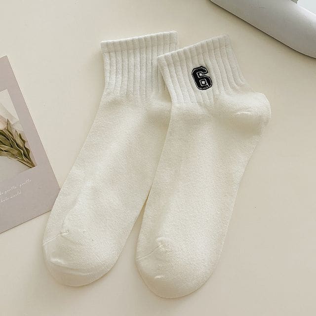 Embroidered Short Socks Set - 3 Pairs - Number 6 - White