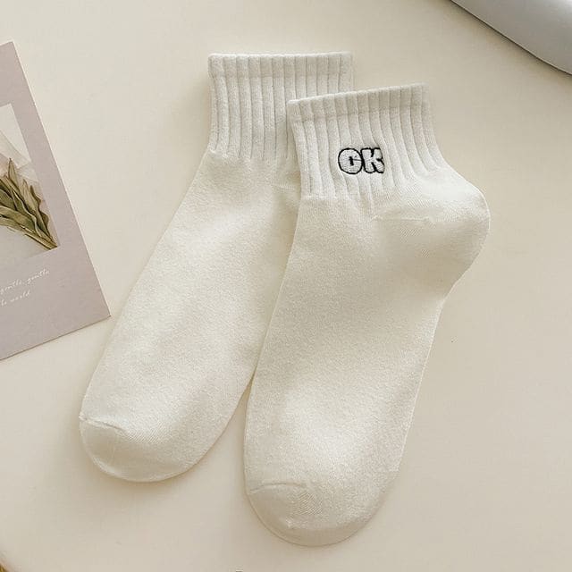 Embroidered Short Socks Set - 3 Pairs - OK - White