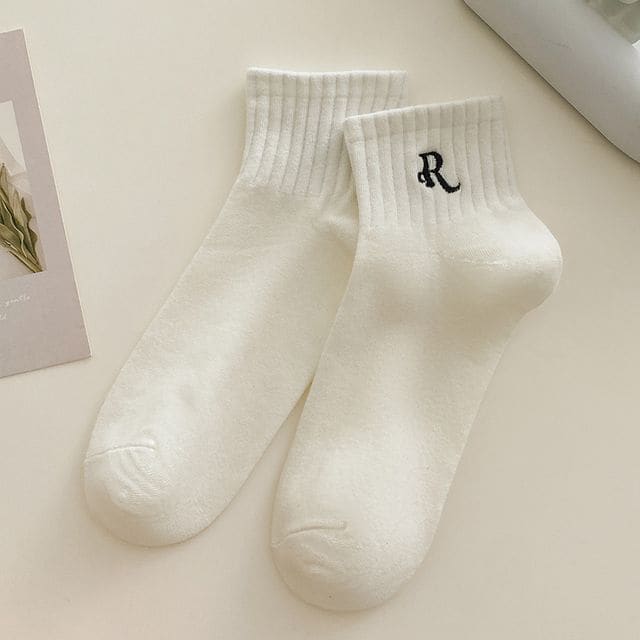 Embroidered Short Socks Set - 3 Pairs - R - White / One Size