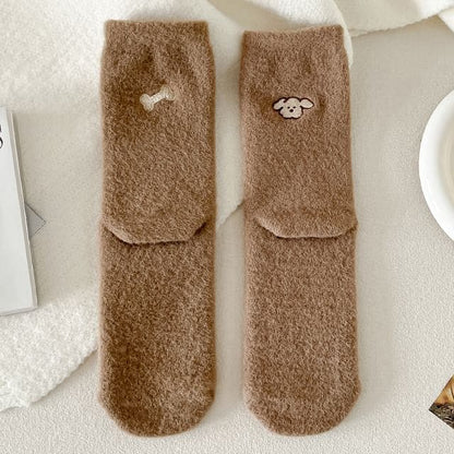 Embroidered Socks / Set - Set of 2 Pair - Coffee / One Size