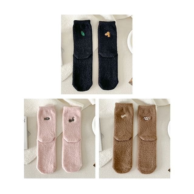 Embroidered Socks / Set - Set of 3 Pair - Black & Pink &