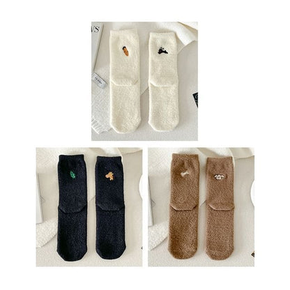 Embroidered Socks / Set - Set of 3 Pair - White & Black &