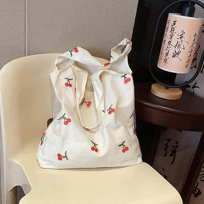 Embroidered Tote Bag - Cherry - Black & White / One Size