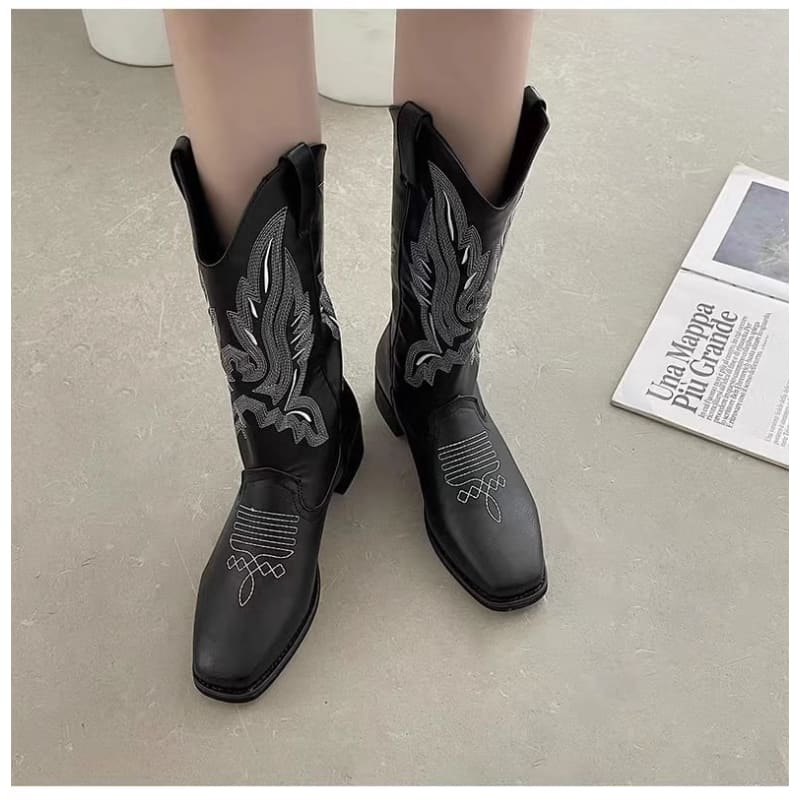 Embroidered Trim Chunky Heel Wide-Calf Mid Calf Boots