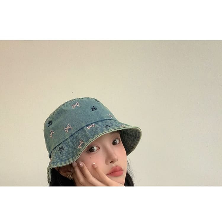 Embroidered Washed Denim Bucket Hat - Light Blue / One Size