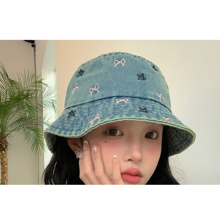 Embroidered Washed Denim Bucket Hat - Light Blue / One Size