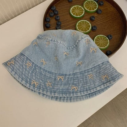 Embroidered Washed Denim Bucket Hat - Light Blue / One Size