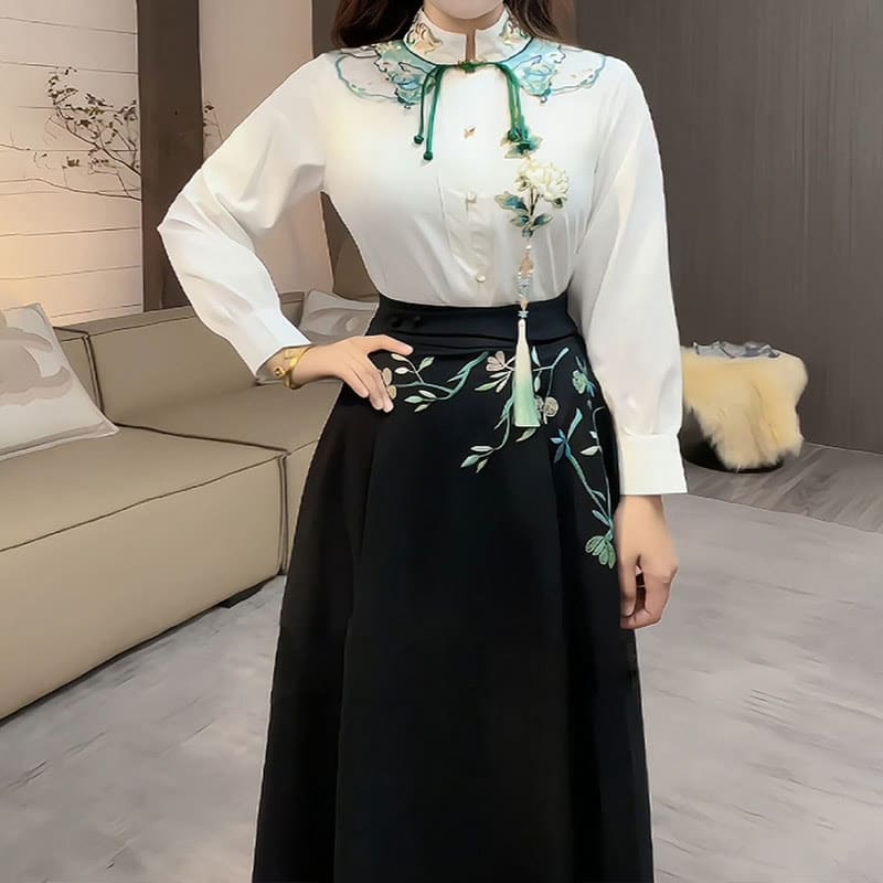 Embroidery Flower Tassel Shirt Flower Print Skirt Set - Set