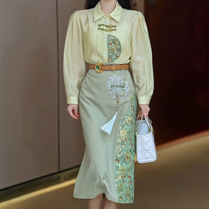 Embroidery Long Sleeve Shirt Splicing Long Skirt Set