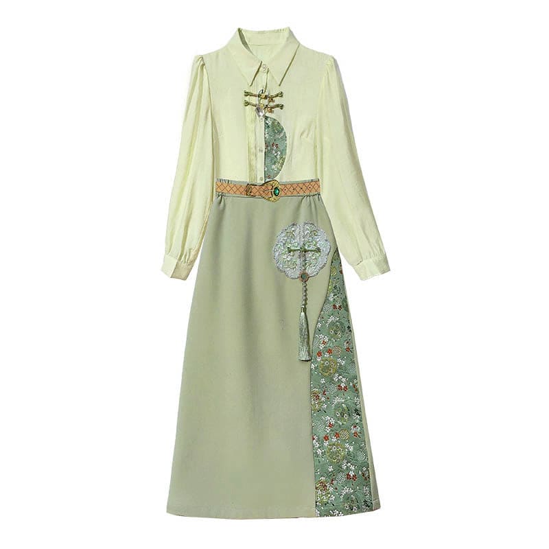 Embroidery Long Sleeve Shirt Splicing Long Skirt Set - Set