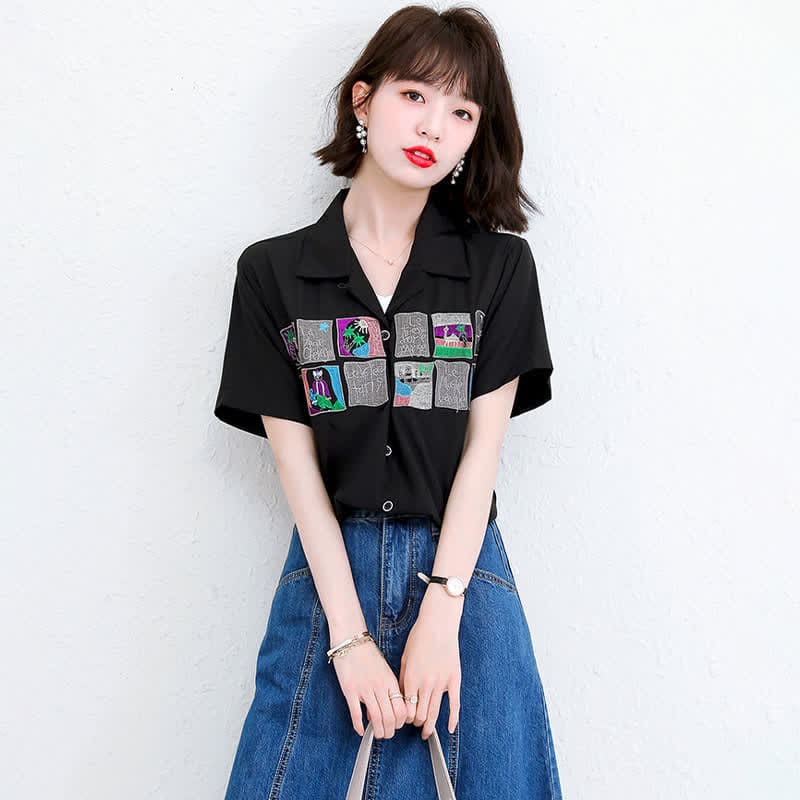 Embroidery Loose Laple T-Shirt Denim Skirt